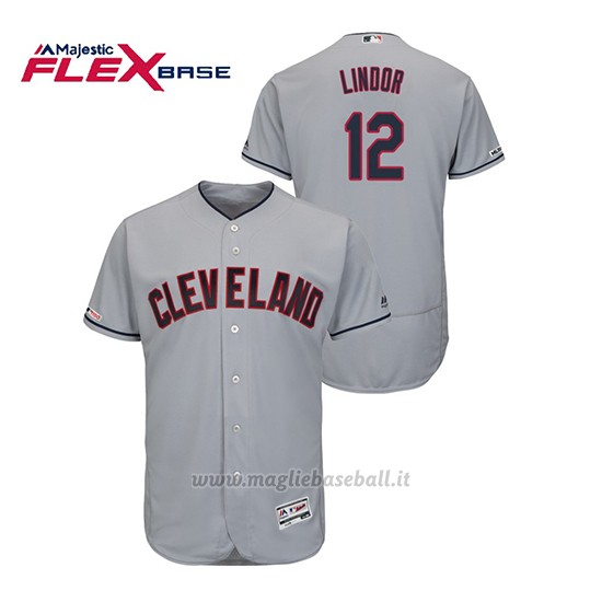 Maglia Baseball Uomo Cleveland Indians Francisco Lindor 150th Aniversario Patch Flex Base Grigio